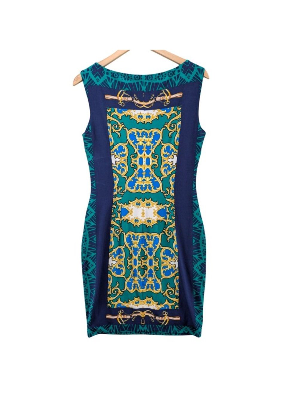 Vtg Cache Sheath Dress Blue Green Baroque Equestrian Sleeveless Boat Neck Size M